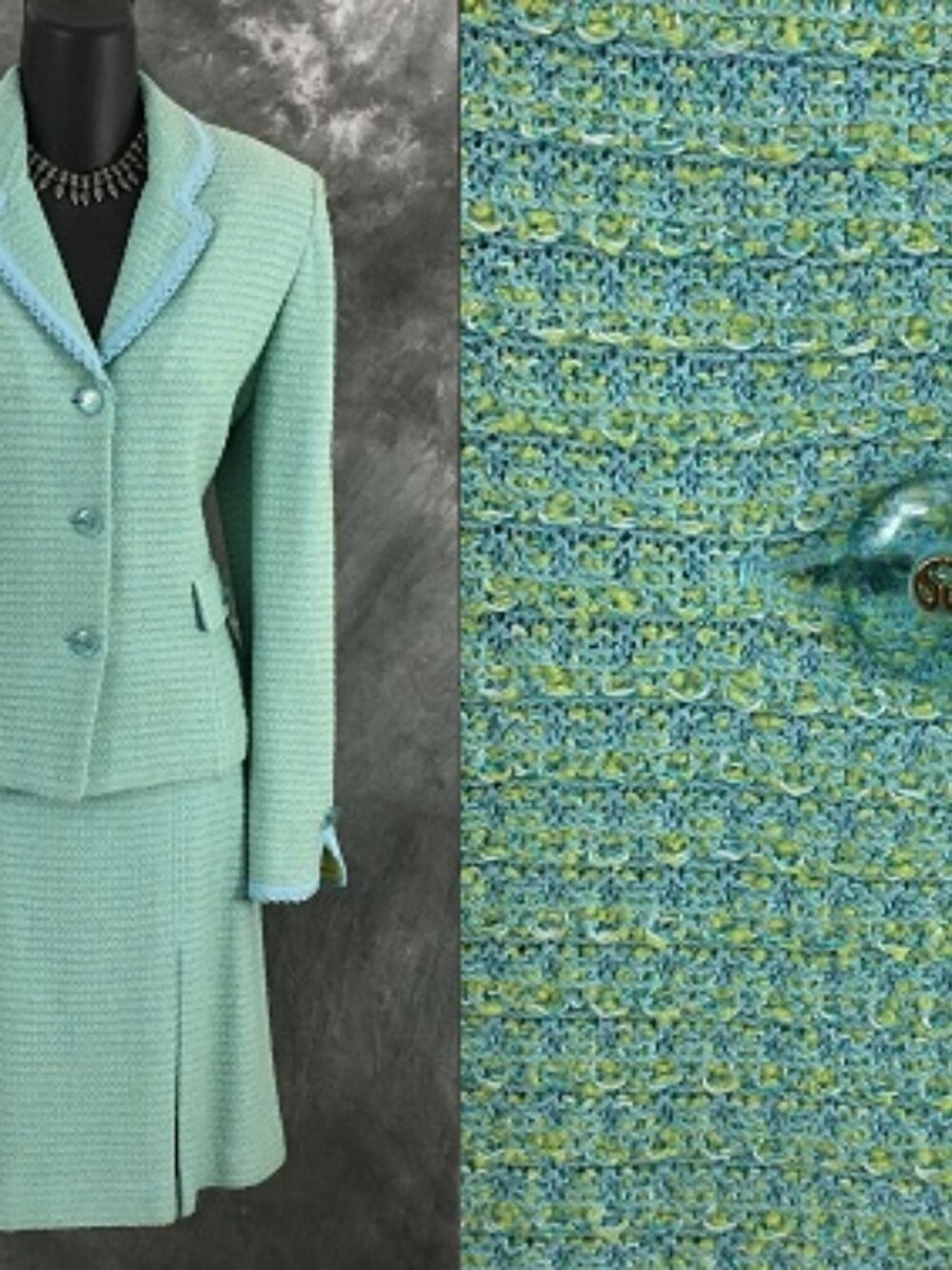 BEAUTIFUL st john couture knit green blue multi jacket skirt suit size 4 6